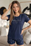 Navy Blue Stay Positive Patterned Bamboo Short Sleeve Women's Shorts Pajamas Set - 5