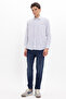 Men's Regular Fit Classic Cut Oversize Long Sleeve 100% Cotton Linen Texture Pocketed Striped Navy Blue Shirt - 2
