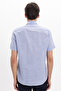 Men's Regular Fit Classic Cut Oversize 100% Cotton Linen Texture Pocketed Striped Short Sleeve Blue Shirt - 7