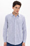 Men's slim fit 100% cotton striped long sleeve navy blue shirt with linen effect