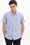 Men's Regular Fit Classic Cut Oversize 100% Cotton Linen Texture Pocketed Striped Short Sleeve Blue Shirt - 4