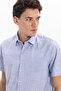 Men's Regular Fit Classic Cut Oversize 100% Cotton Linen Texture Pocketed Striped Short Sleeve Blue Shirt - 5