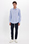 Men's slim fit 100% cotton striped long sleeve shirt with linen effect in cobalt blue. - 2