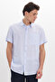 Men's Regular Fit Classic Cut Oversized 100% Cotton Linen Texture Single Pocketed Striped Short Sleeve Blue Shirt