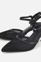 Women's Black Pointed Toe Mesh Ankle Strap Medium Heeled Shoes - 3