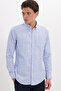 Men's Slim Fit Slim Fit 100% Cotton Button Collar Striped Long Sleeve Pocketed Linen Effect Blue Shirt