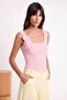 Pembe Kare Yaka Çiçek Detaylı Fitted Triko İnce Bluz TWOSS26BZ00287 - 3