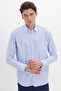 Men's Regular Fit Classic Cut Oversize Long Sleeve 100% Cotton Linen Texture Striped Blue Shirt with Pockets - 3