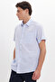 Men's Regular Fit Classic Cut Oversized 100% Cotton Linen Texture Single Pocketed Striped Short Sleeve Blue Shirt - 7