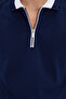 Men's Slim Fit Slim Fit 100% Cotton Plain Pique Zippered Navy Blue Polo Collar T-Shirt - 5