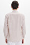 Men's Regular Fit Classic Cut Oversize Long Sleeve 100% Cotton Linen Texture Pocketed Beige Striped Shirt - 6