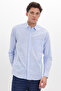 Men's Regular Fit Classic Cut Oversize Long Sleeve 100% Cotton Linen Texture Striped Blue Shirt with Pockets