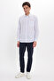 Men's Regular Fit Classic Cut Oversized Long Sleeve 100% Cotton Linen Texture Pocketed Striped Blue Shirt - 2