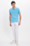 Men's Slim Fit 100% Cotton Short Sleeve Polo Collar Blue T-Shirt - 2