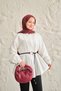Women's Regular Poplin Shirt with Court Collar, Pleated Detail, Floral Buttons, Leather Rope Belt, White - 8