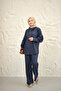Women's Drawstring Sleeve Button Detail Collar Tie Jeans Trousers Set Navy Blue - 9