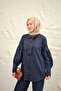 Women's Drawstring Sleeve Button Detail Collar Tie Jeans Trousers Set Navy Blue - 11