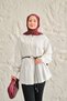 Women's Regular Poplin Shirt with Court Collar, Pleated Detail, Floral Buttons, Leather Rope Belt, White - 6