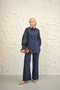 Women's Drawstring Sleeve Button Detail Collar Tie Jeans Trousers Set Navy Blue - 7
