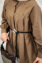 Women's Regular Poplin Shirt with Pleated Collar, Floral Buttons, Leather Strap Belt, Brown - 10