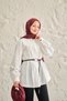 Women's Regular Poplin Shirt with Court Collar, Pleated Detail, Floral Buttons, Leather Rope Belt, White - 3