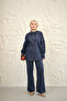 Women's Drawstring Sleeve Button Detail Collar Tie Jeans Trousers Set Navy Blue