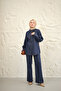 Women's Drawstring Sleeve Button Detail Collar Tie Jeans Trousers Set Navy Blue - 8