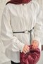 Women's Regular Poplin Shirt with Court Collar, Pleated Detail, Floral Buttons, Leather Rope Belt, White - 9