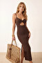 Koyu Kahverengi Triko Ajurlu Maxi Cut Out Detaylı Transparan Plaj Elbisesi TBESS26EL00043 - 6