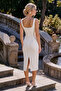 Beyaz Kalp Yaka Bodycone/Vücudu Saran Midi Elbise TPRSS26EL00045 - 5