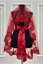 Red Sparkling Laced Bridal Veil Set Wedding Face Cover Henna Night Wedding Veil Girdle Gloves - 4