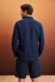 Navy Blue 100% Linen Elastic Waist Regular Waist Men's Shorts & Bermuda Tmnss26Sr00016 - 4