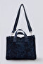Koyu Mavi Denim Baskılı Çift Saplı Orta Boy Kadın Tote Omuz Çanta TAKSS26OC00064 - 3