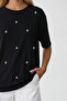 Black Crew Neck Oversized Pearl and Stone Embellished T-Shirt ALC-X11964 - 2