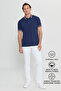 Men's Navy Blue 100% Cotton Non-Curling Polo Collar T-Shirt Slim Fit - 2