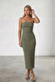 Khaki Wrinkled Fabric Side Gathered Summer Strapless Dress Alc-X13413 - 4