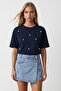 Navy Blue Crew Neck Oversize T-Shirt with Pearl and Stone Embroidery Alc-X11964