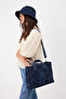 Koyu Mavi Denim Baskılı Çift Saplı Orta Boy Kadın Tote Omuz Çanta TAKSS26OC00064