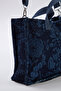 Koyu Mavi Denim Baskılı Çift Saplı Orta Boy Kadın Tote Omuz Çanta TAKSS26OC00064 - 5