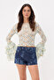 Çok Renkli Fitted/Vücuda Oturan Crop/Kısa Kolları Fırfırlı Dantel Örme Bluz TWOSS26BZ00581 - 6