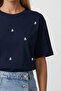 Navy Blue Crew Neck Oversize T-Shirt with Pearl and Stone Embroidery Alc-X11964 - 2