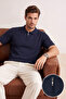 Koyu Lacivert Regular Kesim Dokulu Fermuarlı Triko Polo Yaka T-shirt TMNSS26PO00037