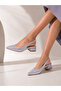 Women's Silver Satin Fabric Diamond Heeled Shoes - 5