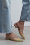 X-Harmony Straw Beige Belt Detail Pointed Toe Short Heeled Women's Ballerinas