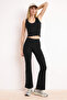 Siyah Fırçalı Soft Kumaş Flare/İspanyol Paça Örme Spor Tayt THMSS26TY00016 - 3