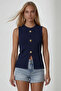 Women's Navy Blue Crew Neck Gold Buttoned Ottoban Blouse Alc-X13729 - 3