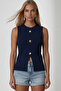 Women's Navy Blue Crew Neck Gold Buttoned Ottoban Blouse Alc-X13729