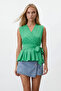 Vibrant Green Double-Breasted Collar Skirt with Flounces and Self-Tie Belt Summer Poplin Blouse Alc-X14126 - 3