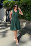Women's Dark Green V-Neck Collar Ruffled Front Buttoned Belted Waist Midi Length Dress Arm-26Y001089