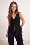 Siyah V Yaka Dantel Detaylı İnce Yazlık Triko Bluz TWOSS26BZ00897 - 5